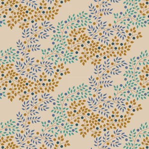 Puede incluir: Un patrón repetitivo sobre un fondo beige claro que presenta ramas estilizadas con hojas pequeñas en tonos amarillo mostaza, azul verdoso y azul apagado, intercaladas con pequeños círculos sólidos en tonos azules y amarillos.