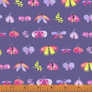 May include: Purple fabric with a repeating pattern of colourful butterflies. The butterflies are in various shades of pink, yellow, and blue.
