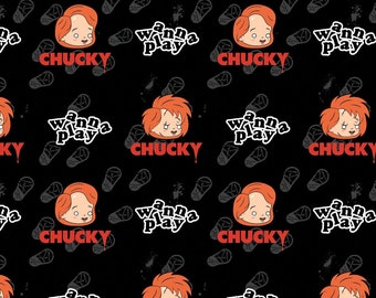 May include: A black background with a repeating pattern of a red-haired child's face, the words "Chucky" and "Wanna Play" in white and red lettering, and a black and white footprint.