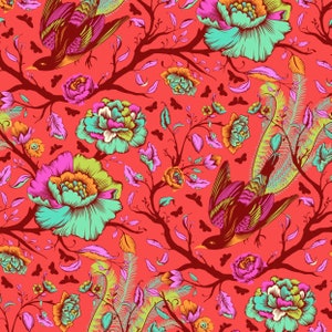 May include: A vibrant floral pattern with pink, green, and orange flowers, and brown birds with green and yellow accents on a red background.