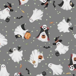 May include: A seamless pattern on a grey background featuring white ghosts, black bats, orange pumpkins, and small yellow stars. The ghosts are depicted in various poses, some wearing black witch hats or capes, and carrying small black cauldrons or lanterns.