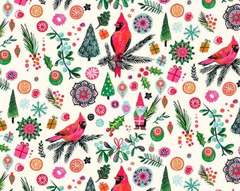 May include: A white background with a repeating pattern of red cardinals, green pine trees, red and white ornaments, and other festive elements. The pattern is perfect for holiday wrapping paper or fabric.