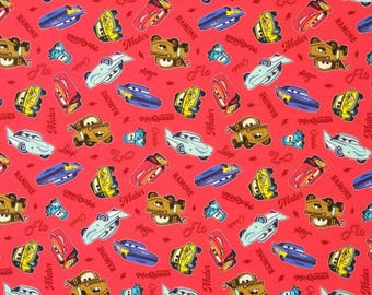 1/2 METRE - Licensed Disney Cars Tossed Characters Handspun Fabric Red