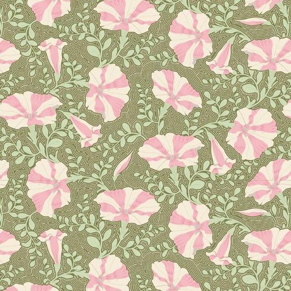 Tilda Garden Life Striped Petunia Green Fabric 100313 - Quilting Cotton Fabric