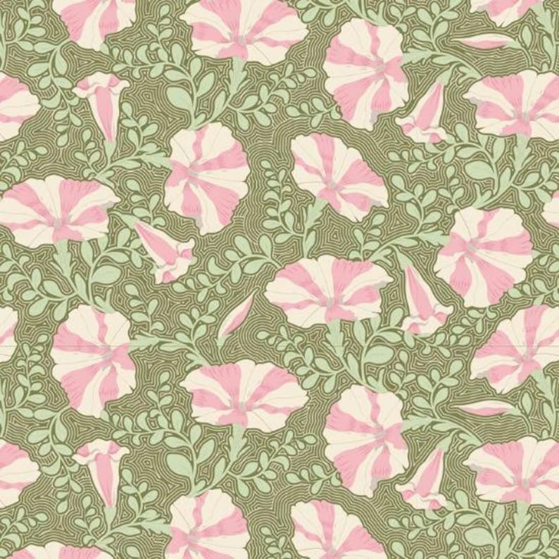 May include: A seamless pattern featuring stylized pink and white striped flowers with green leaves and stems on a muted olive green background. The floral design is repeated across the surface, creating a wallpaper or fabric-like effect.