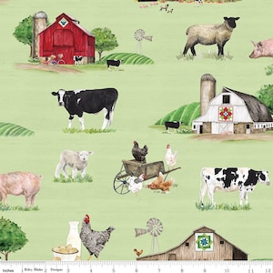 1/2 METER - Spring Barn Quilts CD14330 GRÜN von Tara Reed für Riley Blake Fabrics - Bauernhof Tiere - 100% Baumwolle