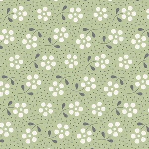 Pode incluir: Um padrão repetitivo de flores brancas com folhas e caules cinzentos sobre um fundo verde claro. Pequenos pontos cinzentos estão espalhados por todo o design, criando uma aparência texturizada. O padrão floral é uniformemente espaçado.