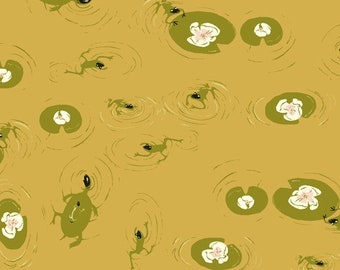 1/2 METRE -  West Hill By Heather Ross - Lily Pond, Frogs, Olive - Quilting Cotton Fabric