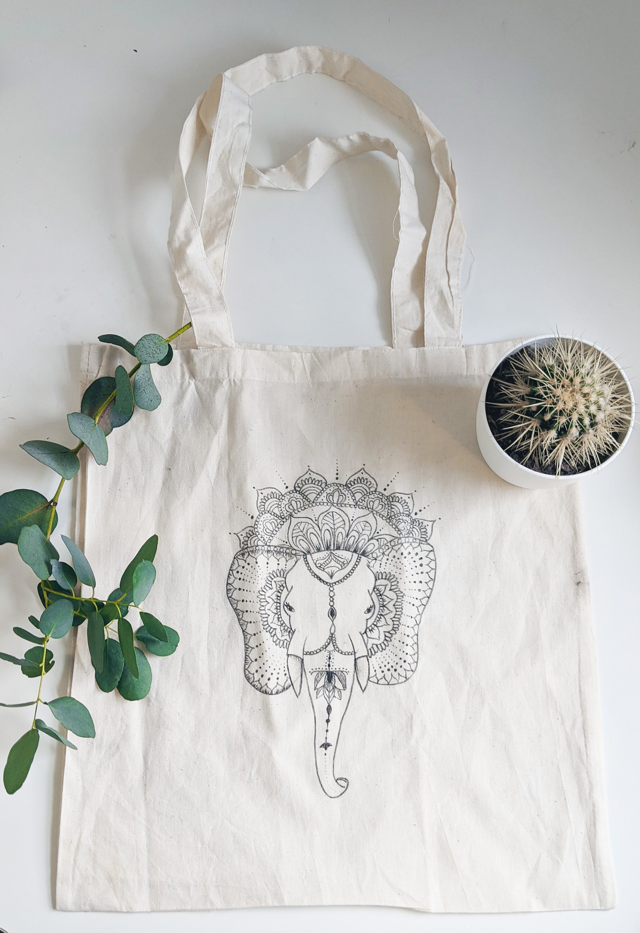 14x16-11 Elephant canvas messenger bag Eastern Elephant Watercolor Style Print with Ethnic Pattern Vintage Style Design canvas beach bag Orange White