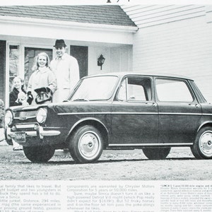 May include: A black and white vintage advertisement for the Simca car. The ad features a family of four standing in front of a house with a Simca car parked in the driveway. The headline reads "Simca: the tough 5/50 economy car from the Chrysler people." The ad also includes a tagline that reads "Toledo to Toronto nonstop, $2.55."