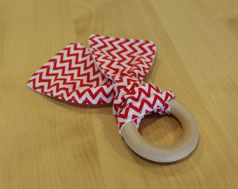 Mini red chevron teething toy with organic beech wooden ring