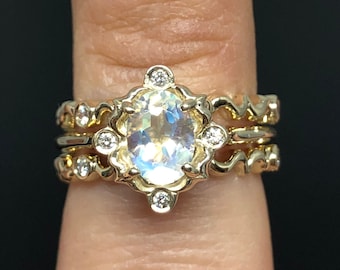 Moonstone Compromiso anillo novia conjunto de tres anillos doble banda amarilla rosa oro blanco 14K dainty victoriano arco iris luna juego conjunto