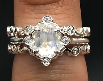 Moonstone Compromiso anillo novia conjunto de tres anillos doble banda plata de ley dainty victoriano arco iris luna conjunto a juego