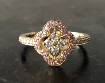 Anillo de trébol de diamantes y zafiro púrpura - diamante delicado de oro amarillo de 14 qt y anillo de declaración de trébol de zafiro - regalo para su aniversario