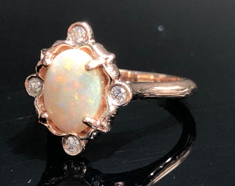 Victorian Opal Engagement Ring - 14K Rose Gold Vintage Inspired Opal Diamond Engagement Ring - 10 x 8 Oval Opal Cabochon Engagement Ring