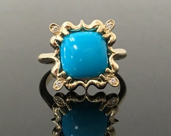 14K Yellow Gold Cushion Cabochon AAA Sleeping Beauty Turquoise Diamond Engagement Ring - 14K Yellow Gold Vintage Inspired Turquoise Ring