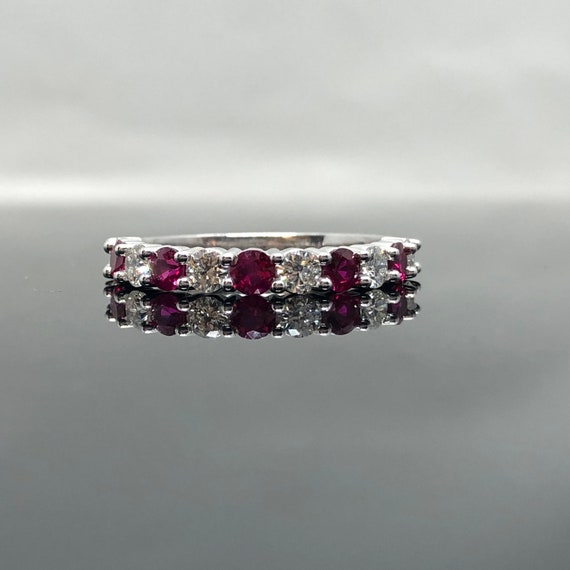 14k White Gold Round Alternating Genuine Diamond And Ruby Anniversary Ring 14k White Gold Round Alternating Genuine Diamond And Ruby Anniversary Ring