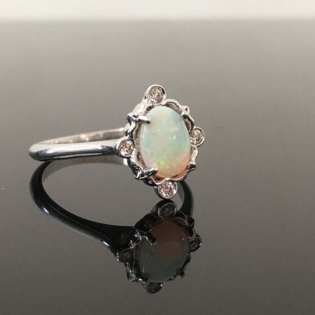 White Gold Opal Engagement Ring 14K White Gold Opal Diamond Etsy