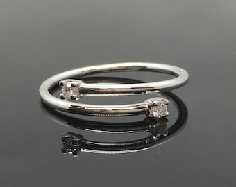 14K White Gold Two Stone Open Ring - Two Stone Diamond Engagement Ring - 14K Minimalist Diamond Ring - 14K Gold Dainty Diamond Promise Ring