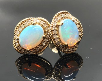 Diamond and Opal Stud Earrings - Australian Opal Yellow Gold Studs - 14K Yellow Gold Victorian Opal Jewelry October Birthstone