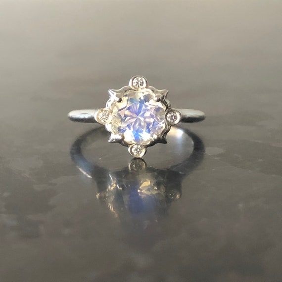 Black Rhodium Ring Diamond Jewelry Vintage Ring Vintage Jewelry AAA Diamond Ring Designer Ring Rainbow Moonstone Ring Round Big Ring