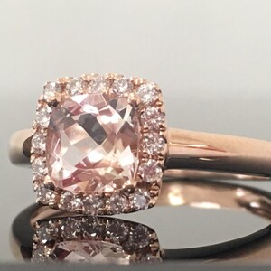 Morganite Engagement Ring - Rose Gold Diamond Halo Morganite Ring - 14K Rose Gold Cushion Cut 1 Carat Morganite Halo Diamond Engagement Ring