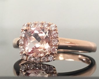 Morganite Engagement Ring - Rose Gold Diamond Halo Morganite Ring - 14K Rose Gold Cushion Cut 1 Carat Morganite Halo Diamond Engagement Ring