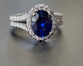 Anillo de compromiso de zafiro y diamante - 18K Oro Blanco Genuino Azul Zafiro Diamante Halo Anillo de Aniversario Royal Blue