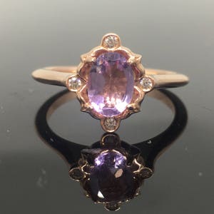 Rose Gold Amethyst Engagement Ring - 14K Rose Gold Amethyst Diamond Vintage Inspired Ring - Rose Gold Pastel Amethyst Diamond Victorian Ring