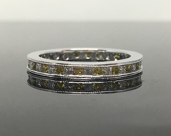 14K White Gold Princess Cut Diamond and Yellow Diamond Eternity Band - 14K Art Deco White and Yellow Diamond Channel Set Wedding Band -