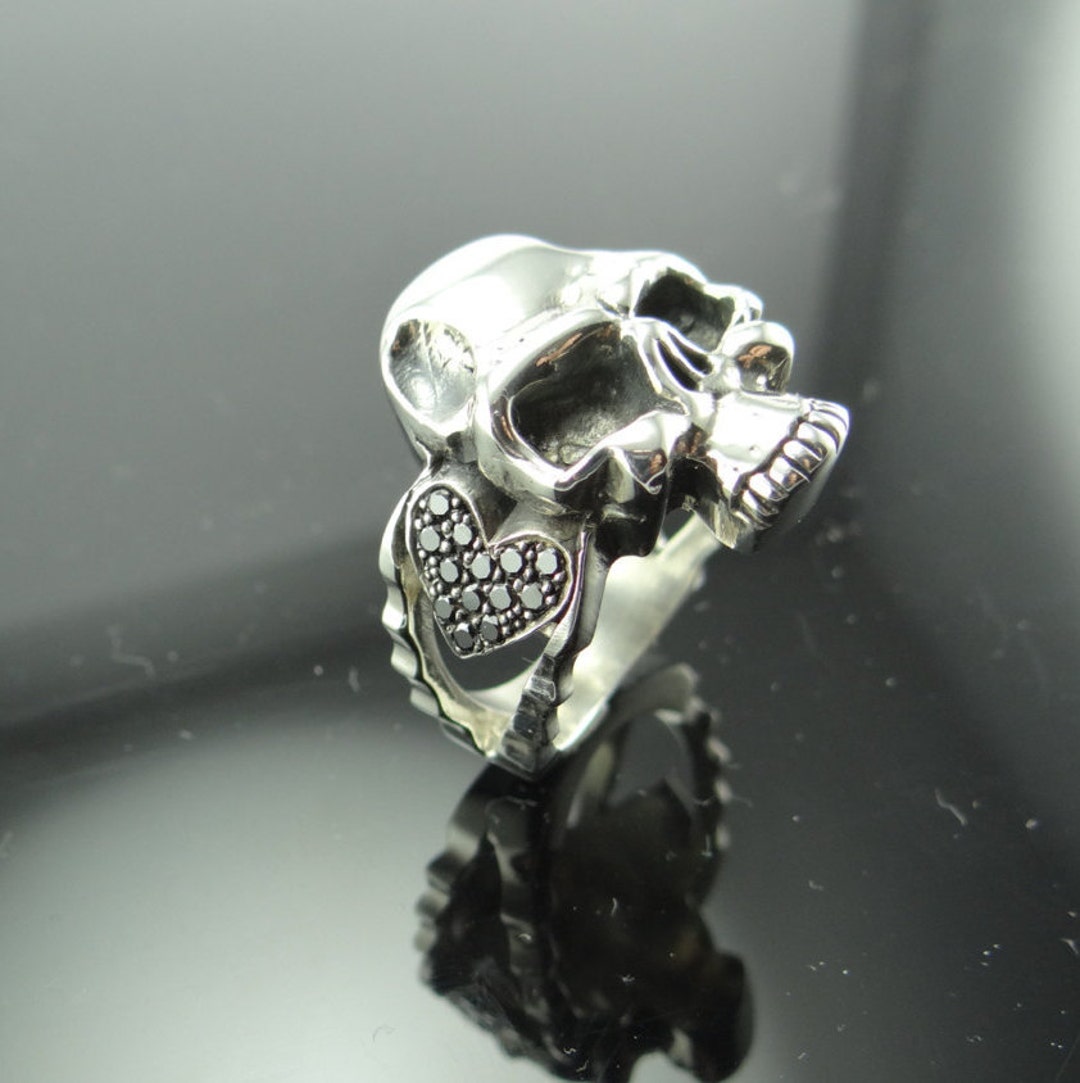 Skull Ring With Black & White Diamonds - 925 Sterling Silver, Round Cut (0.11 Cttw), Custom Sizing - View #9