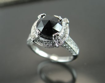 Black Diamond Halo Engagement Ring- 18K White Gold White and Black Diamond Halo Engagement Ring -Rose Cut Black Diamond Diamond Pave Ring
