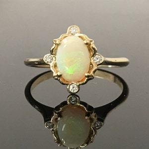 Opal Engagement Ring - 14K Yellow Gold Vintage Victorian Inspired Opal Diamond Ring - 14K Gold Australian Opal Bridal Jewelry