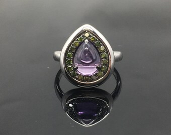 14K Weißgold Birne Amethyst Ring - 14K Pear Amethyst Green Diamond Halo Verlobungsring - Weißgold Cabochon Amethyst DiamantRing
