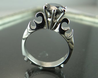 Black Diamond Engagement Ring- 14K White Gold Gothic Black Diamond Solitaire Engagement Ring- 6 Prong Round Black Diamond Goth Solitaire