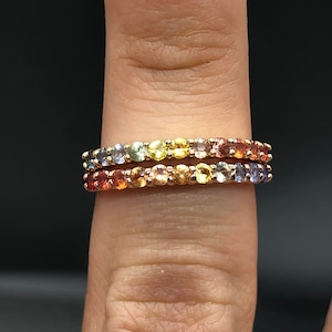 14K Yellow Gold Rainbow Sapphire 11 Stone Band - Multicolored Sapphire Wedding Band - 14K Genuine Sapphire Stackable Ring - 2mm Dainty Band
