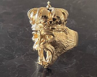 Anillo King Kong de oro de 14 quilates - Anillo de gorila para hombre con corona - Anillo de oro macizo para hombre