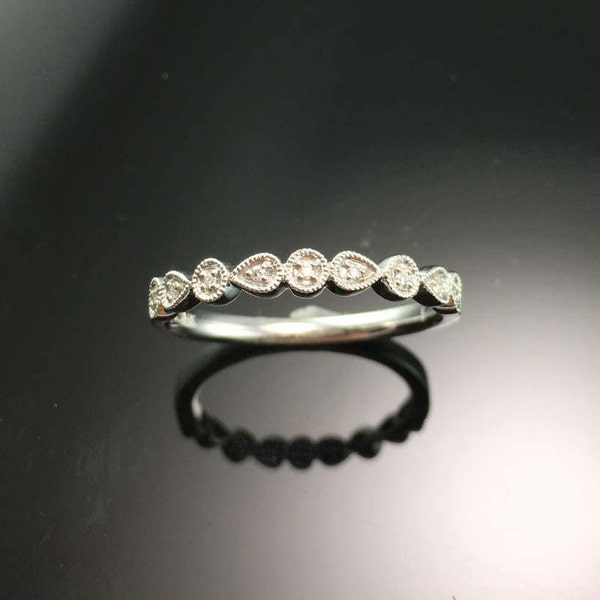 14K White Gold Milgrain Diamond Wedding Band - Milgrain Stackable Diamond Ring - White Gold Art Deco Diamond Band - 14K Boho Diamond Ring