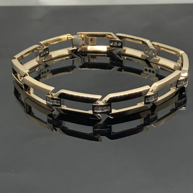 14K Yellow Gold Diamond Men's Bracelet 14K Two Tone Etsy