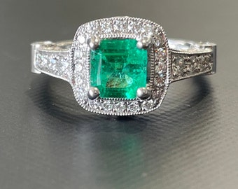 Anillo de compromiso Emerald - Anillo cuadrado de esmeralda y diamantes de 14K White Gold Art Deco Vintage Inspired - Emerald Anniversary Gift