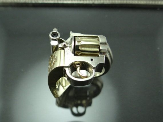 Tons Gun Or Solide À De 14k Ring Pistolet Anneau Deux Revolver Fait Hommes Ton La Main Bague N8mwvn0