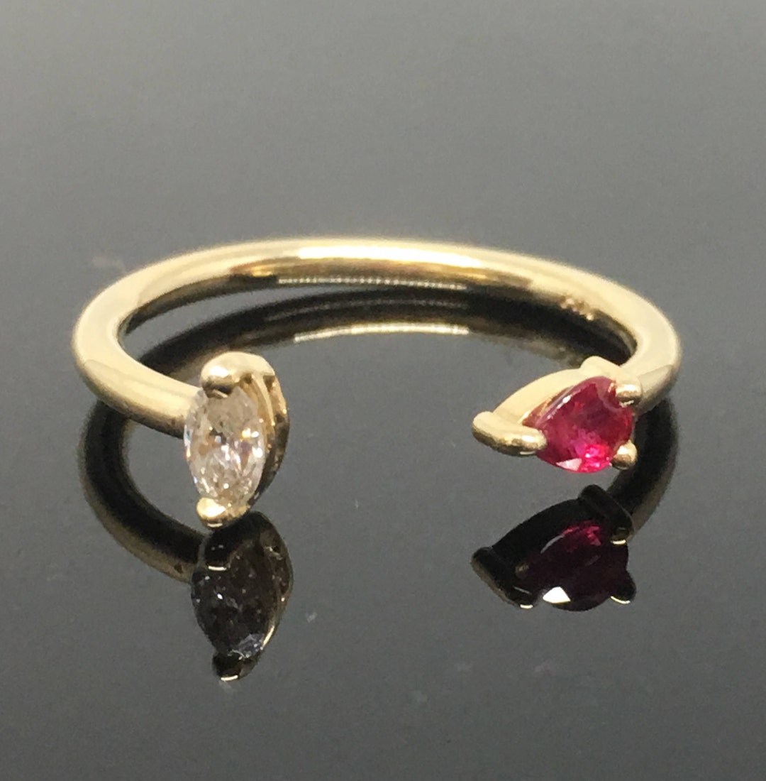 14K Yellow Gold Ruby and Diamond Open Ring - Solid Yellow Gold Genuine ...