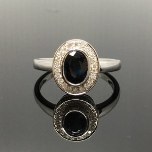 14K White Gold Diamond Halo Sapphire Engagement Ring - White Gold Diamond Pave Halo Blue Sapphire Promise Ring - 14K Sapphire Diamond Ring