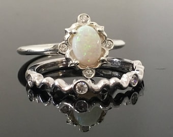 14K White Gold Opal Engagement Ring Matching Set - White Gold Vintage Inspired Opal and Diamond Bridal Set - 14K Australian Opal Ring Set