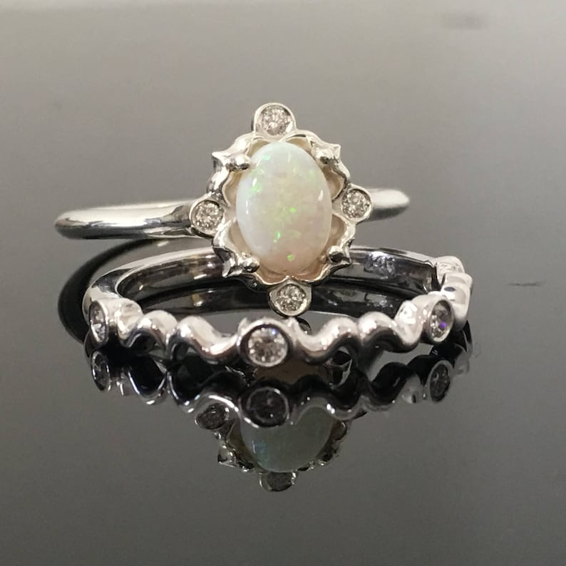 14K White Gold Opal Engagement Ring Matching Set White Gold Etsy