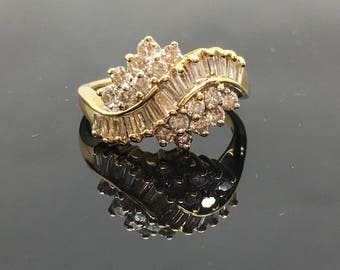 14K Yellow Gold Diamond Cluster Ring - Yellow Gold Baguette and Round Diamond Statement Ring - Diamond Cluster Ring - 14K Diamond Ring