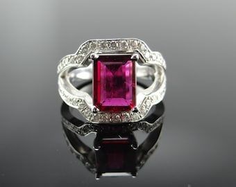 14K White Gold Rhodolite Garnet and Diamond Engagement Ring - White Gold Art Deco Emerald Cut Rhodolite and Diamond Pave Anniversary Ring