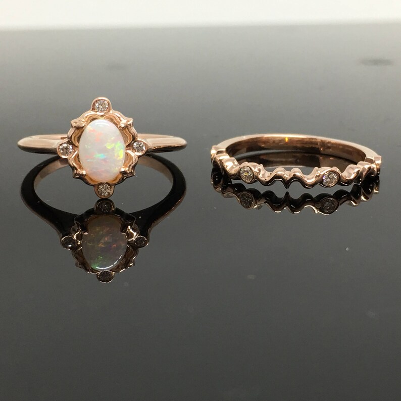 Matching Opsite Rings 14K Rose Gold Opal Engagement Ring Matching Set - Rose Gold Vintage ...