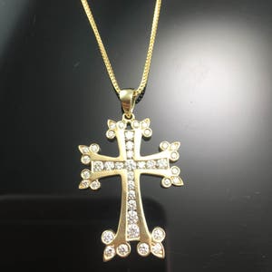 14K Yellow Gold Diamond Armenian Cross- Yellow Gold Armenian Cross with Channel Set Diamonds- Chain Included