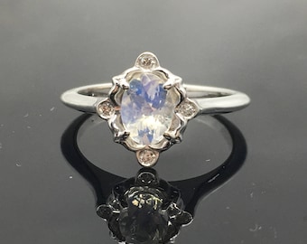 Anillo de compromiso de piedra lunar - Anillo de compromiso victoriano de oro blanco de 14 quilates con piedra lunar - Anillo de compromiso de piedra lunar arcoíris de inspiración vintage en oro de 14 quilates